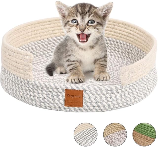 Cosy Cat Nest, Hand Knitting Cat Bed Cotton Rope Scratcher Scratching Summer Cat Basket Kitten Cat Sleeping Bed Grey Round Oval Flat Washable Foldable Woven Four Seasons Universal Medium (White gray)