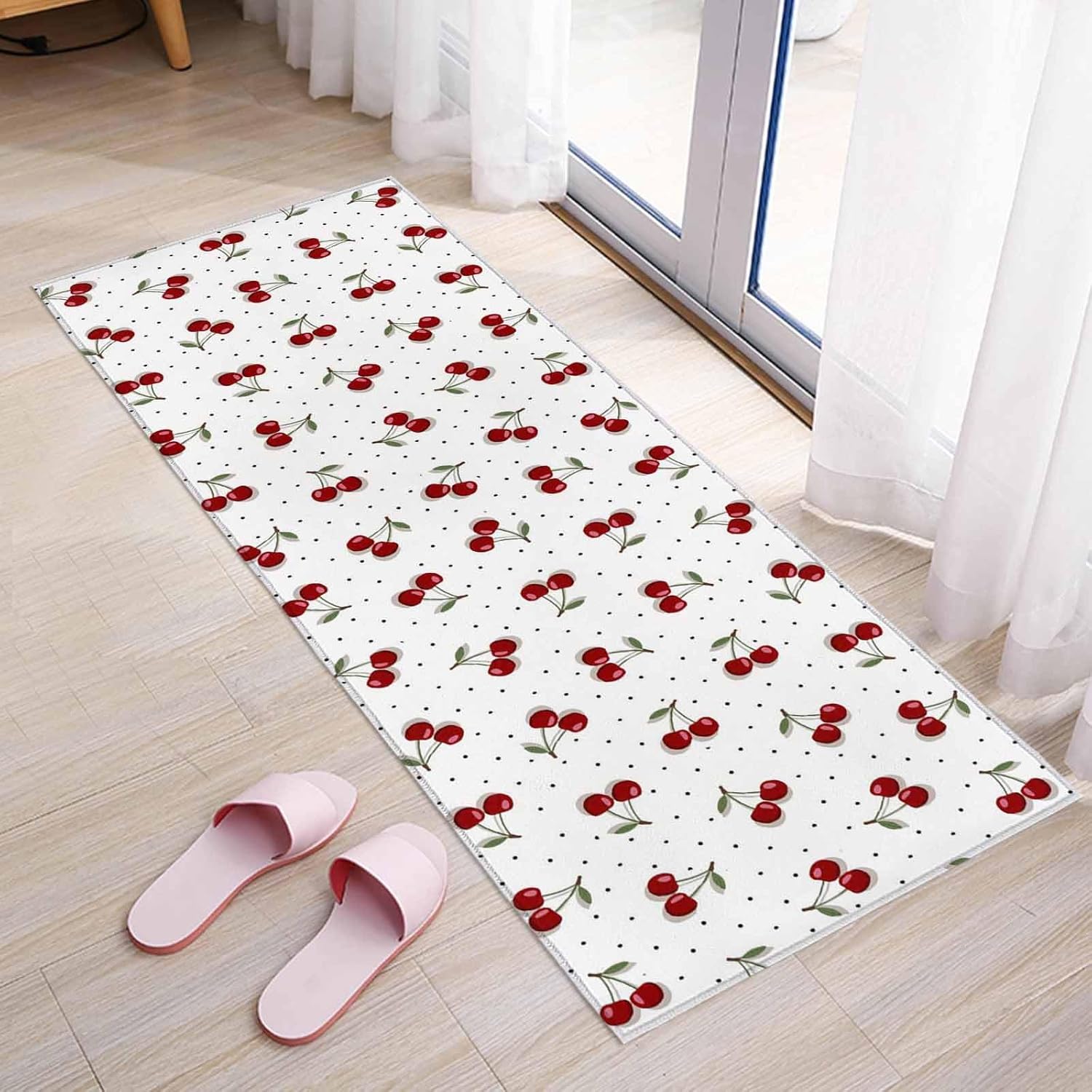 Teamery Kitchen Mats for Floor Farm Cherry Black Polka Dots Washable Non Slip Kitchen Rugs 1PCS, Vintage Wave Point Absorbent Standing Mats for Sink Bathroom Office Living Room 15.7x47.2in