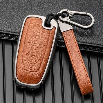Leather Car Key Cover Case for Ford Focus 4, for Edge, Explorer, Fusion, for Mustang, for Ranger, F150, F250, F350, Ecosport, for Taurus, 3 Buttons, Black and Grey