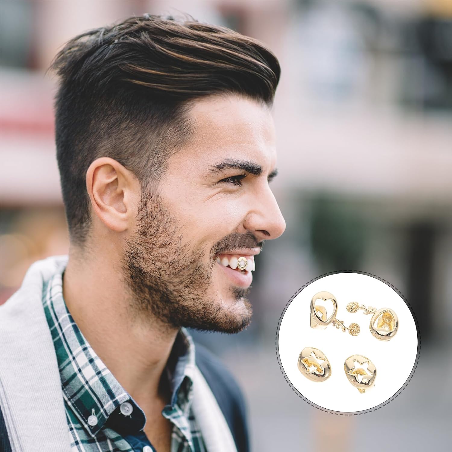 4pcs Gold Plated Hip Hop Single Tooth Grill Caps with Hollow Rose and Star Designs, Punk Rapper Costume Teeth Accessories for Halloween and Party Wear