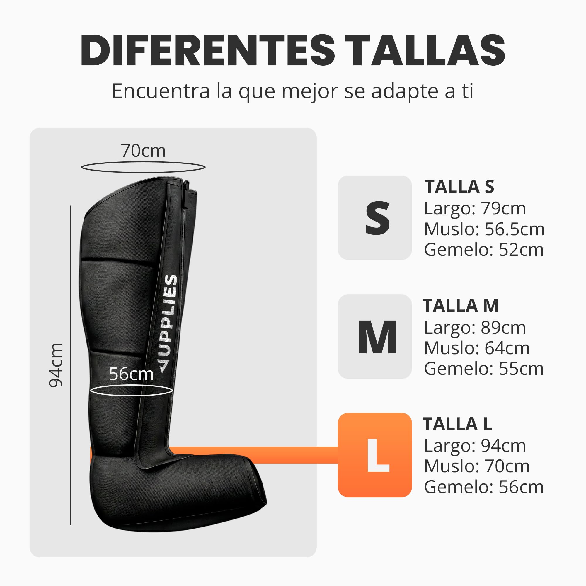 JUPPLIES Máquina Presoterapia para Casa con Botas - 6 Modos, 9 Niveles y Temporizador - Presoterapia Piernas Profesional para Drenaje Linfático, Circulación y Recuperación Muscular - con Bolsa (L)