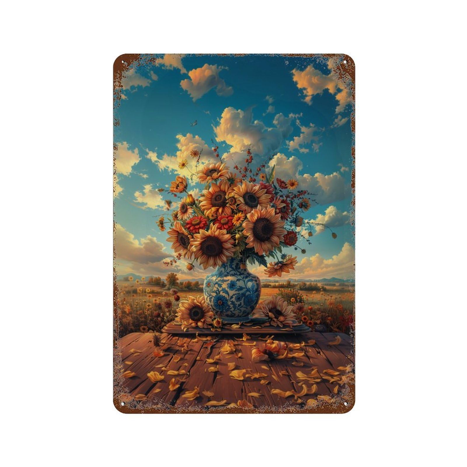 Sunflower Field Vase Scene-1 Decorative Tin Sign 11.8"x7.9", for Garage, Bar And Workshop Decor, Novelty Wall Decor