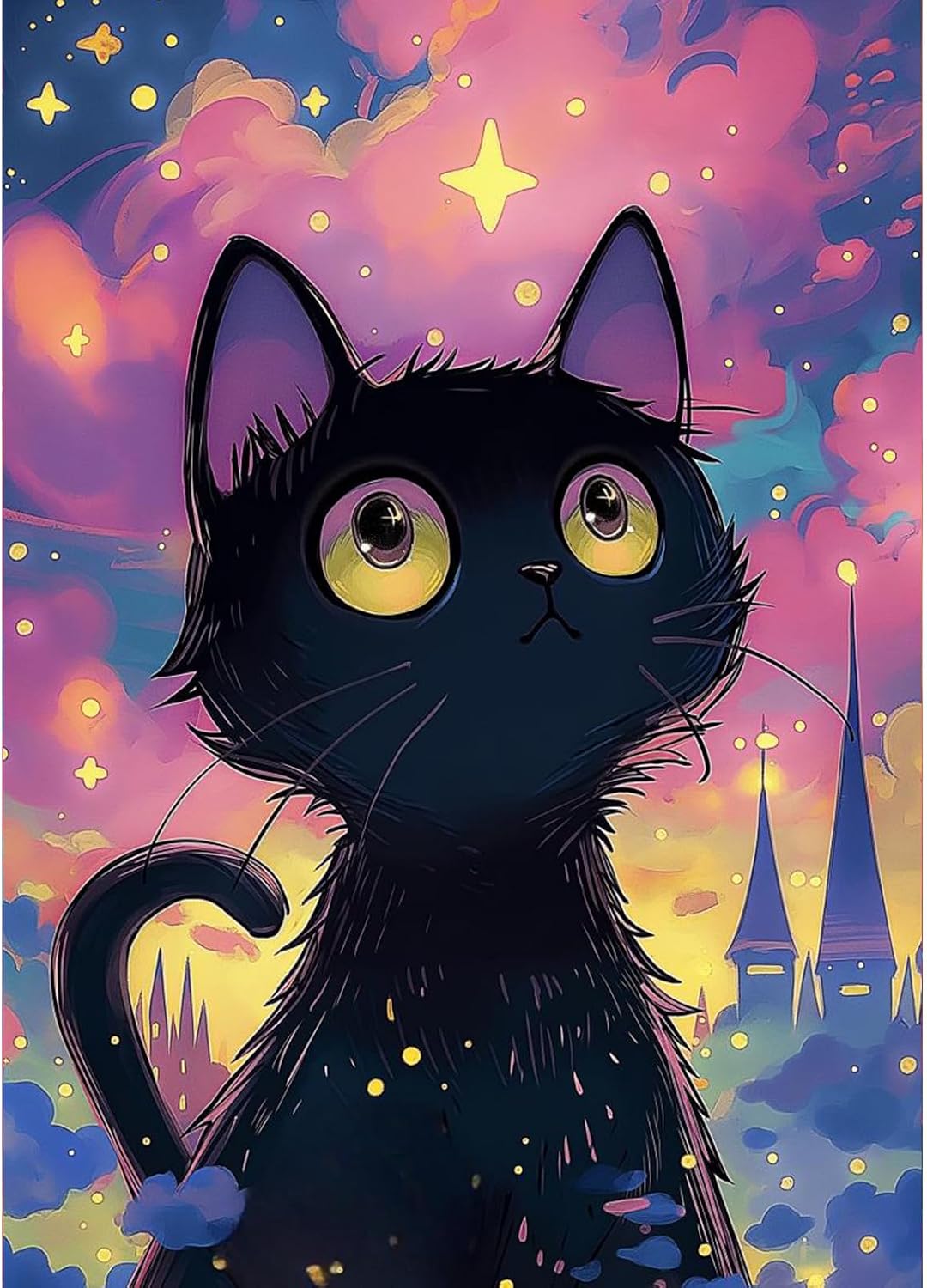 HEIBAGO Starry Night Cat Diamond Art Kits for Adults, Animal Diamond Painting Kits for Adults Beginners, 5D Full Drill Round Diamond Art Painting,DIY Diamond Dots for Adult for Home Wall Decor 12x16In