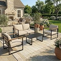 GarveeHome 4-Piece Metal Outdoor Patio Conversation Set: Loveseat, 2 Chairs, Coffee Table & Thick Cushions - Rust-Resistant for Porch, Deck, Garden