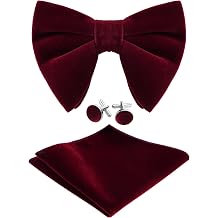 Black Velvet Bow Tie Pocket Square Cufflinks Set for Men, Solid Pre-tied Adjustable Bowtie, Mens Tuxedo Bow Ties