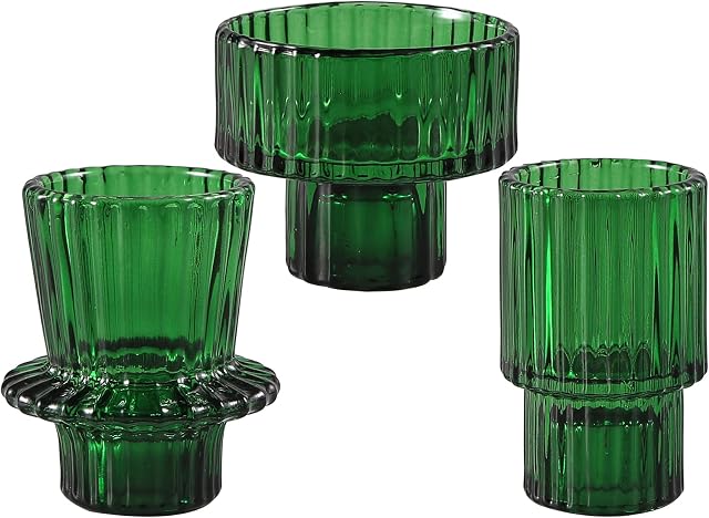 3 Pcs Glass Candle Holder Glass Candlestick 2-in-1 Tealight Candlestick Holders for Tealight Candle Taper Candles for Wedding Home Church Christmas Party Decoration (Green)