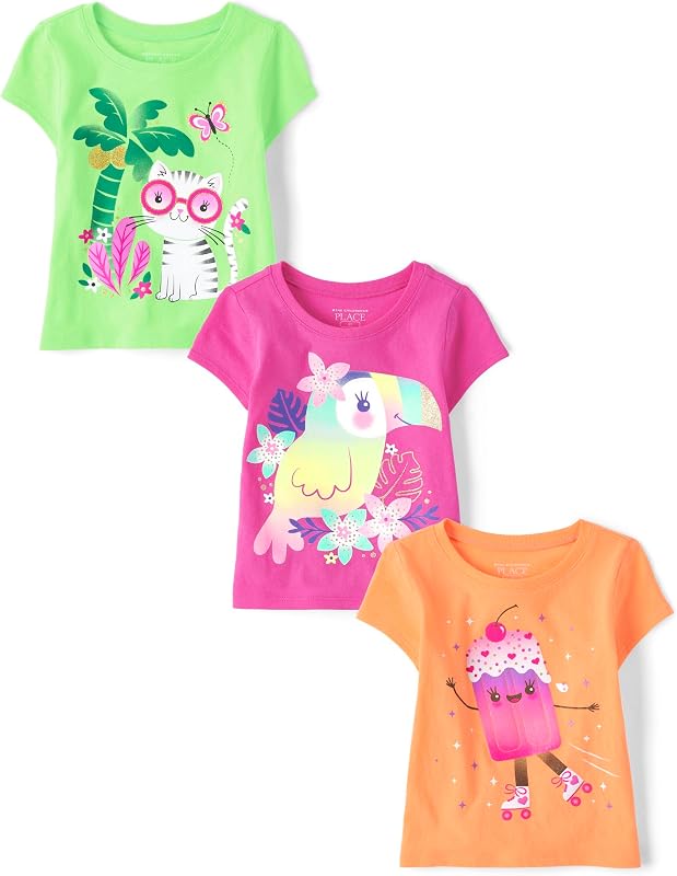 Unicornios, mariposas y camisetas gráficas de manga corta de The Children's Place para bebé niña y niño pequeño, paquete de 3