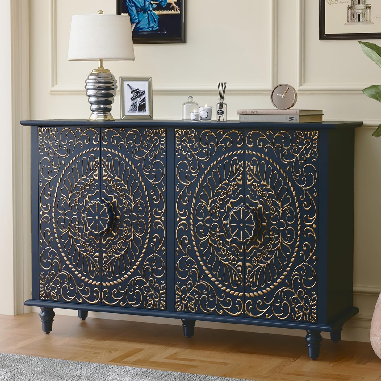 ARTPOWER Sideboard Buffet Cabinet with Storage, 48" Decorative Accent Cabinet with Carved Flower Pattern, Modern Blue Credenza with 4 Doors for Living Room, Hallway, Dining Room, Kitchen