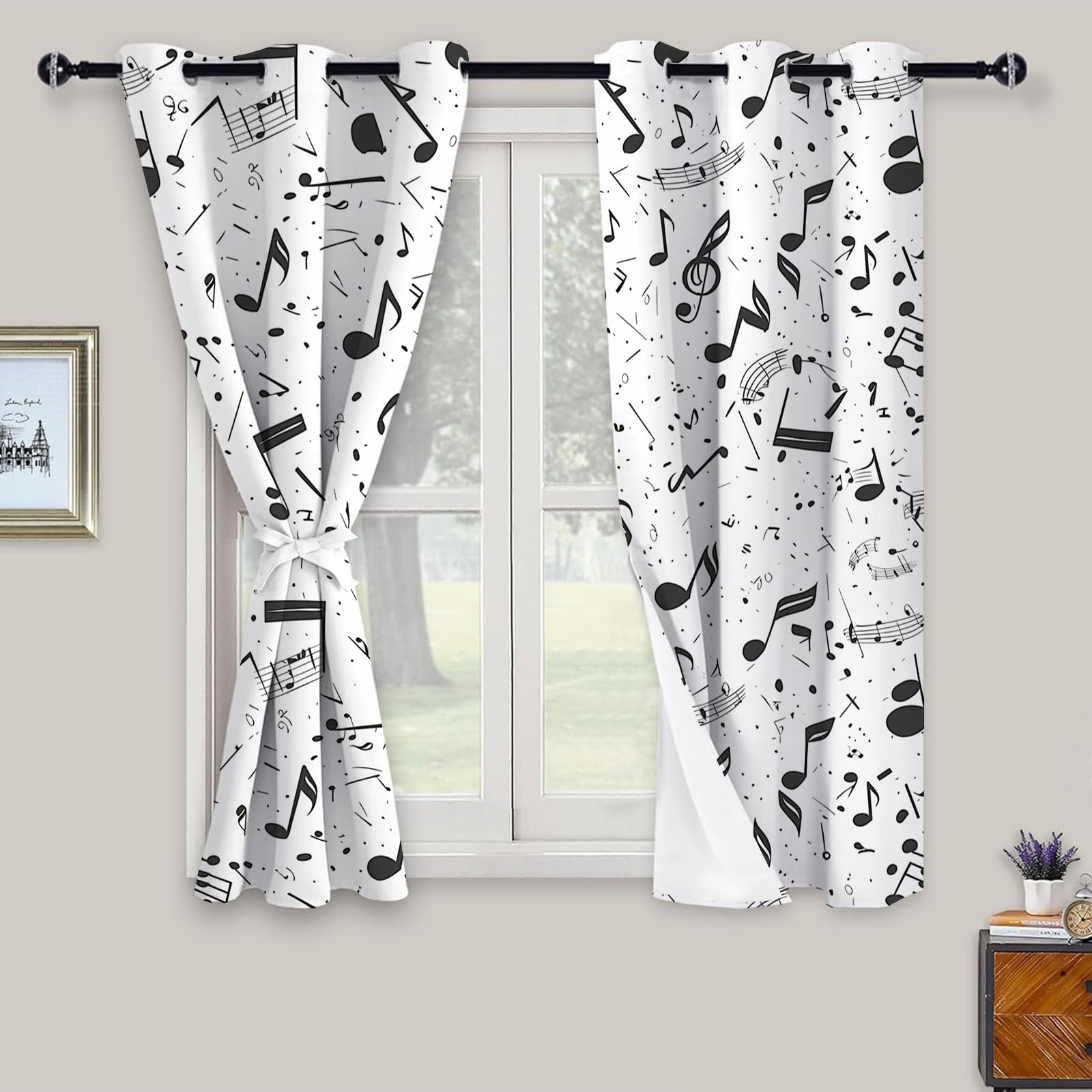 Cortinas Infantiles Niña Niño Habitacion Opacas para Blanco Negro Notas Musicales Dibujos Animados Póster Geométrico 140Anx225Al Cm Cortinas Salon Dormitorio Juvenil 2 Piezas Cortina Opacas Termicas