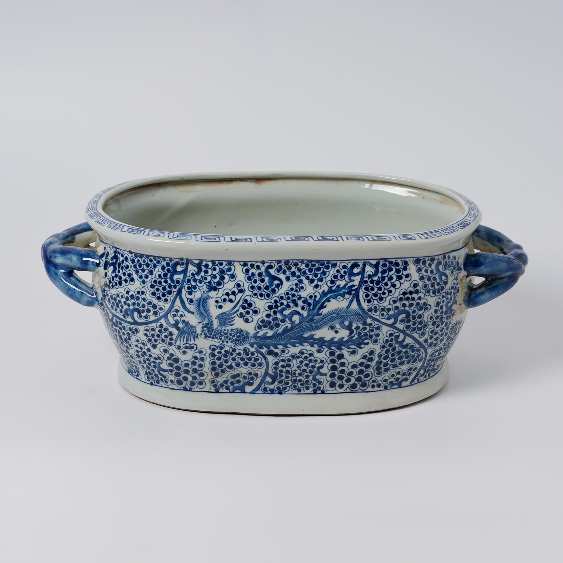 Vintage Blue Flower Planter - Chinoiserie Ceramic Footbath -9
