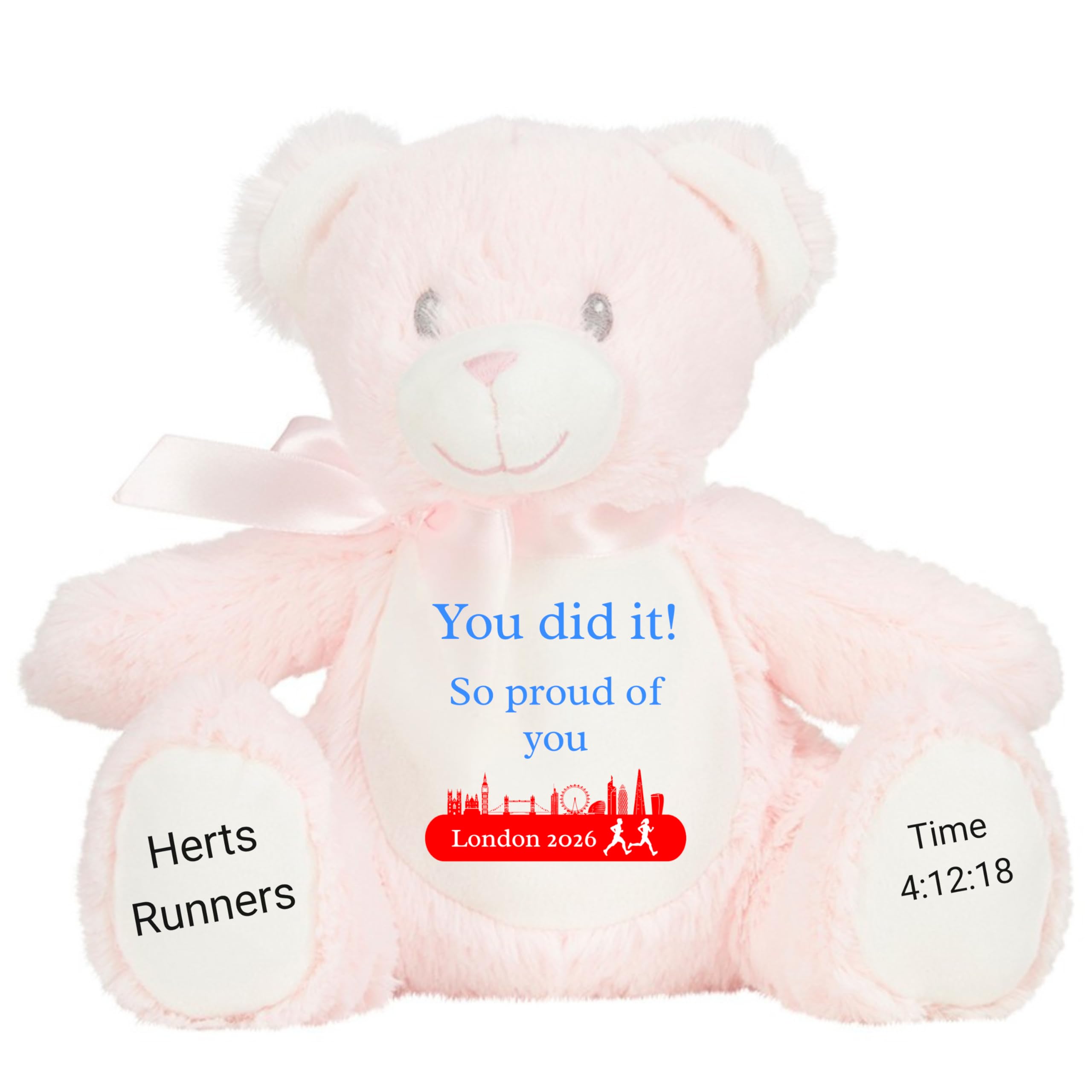 HotScamp Marathon Gift Cuddly Toy - Personalised London 2026 Teddy You Did It! So Proud of You Customised Runner Running Finish Medal Congratulations Well Done Run Soft Cuddly Plushie - Pink Teddy
