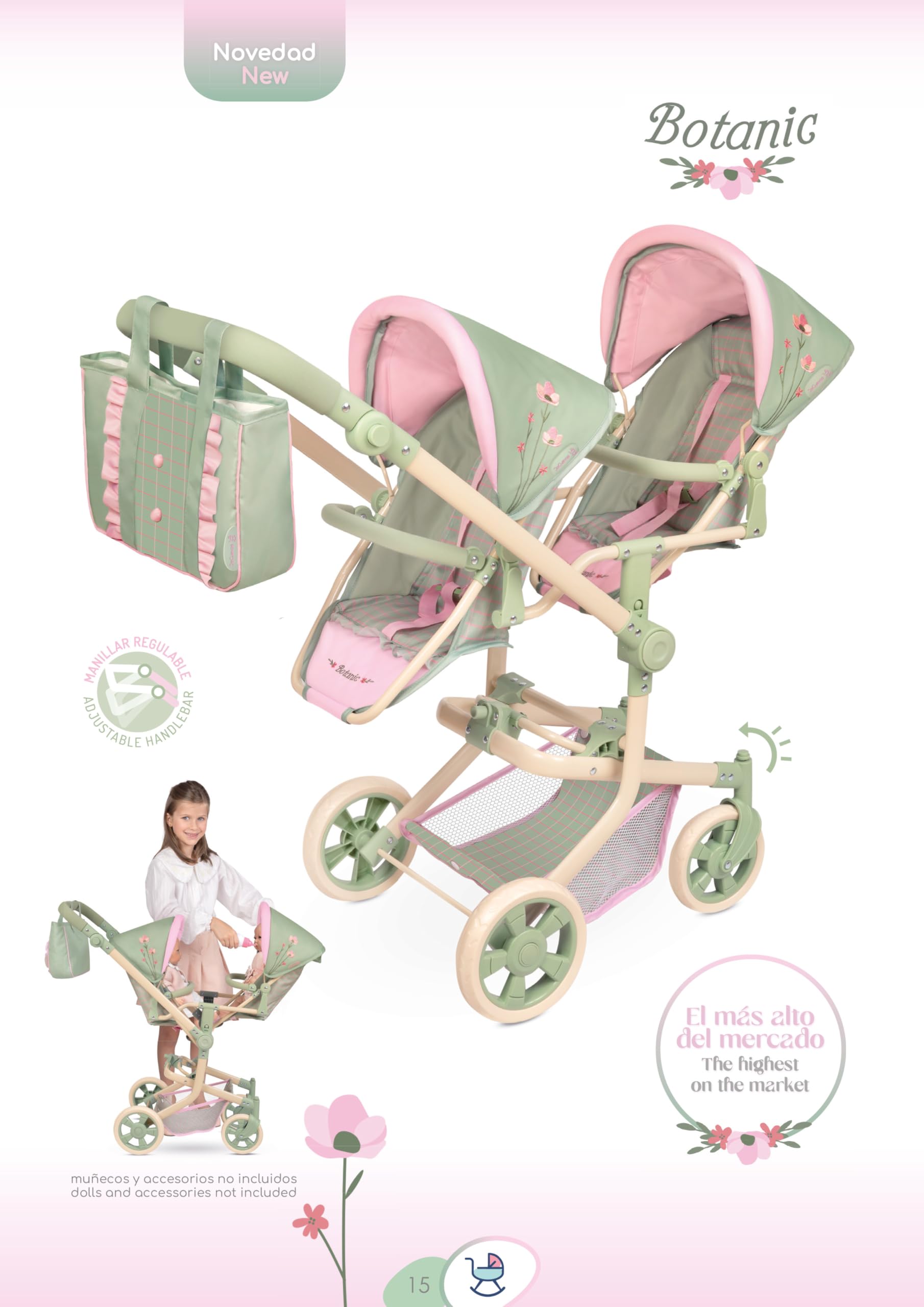 Carro de Muñecas Silla Gemelar Multiposición Plegable con Bolso Botanic DeCuevas 90868