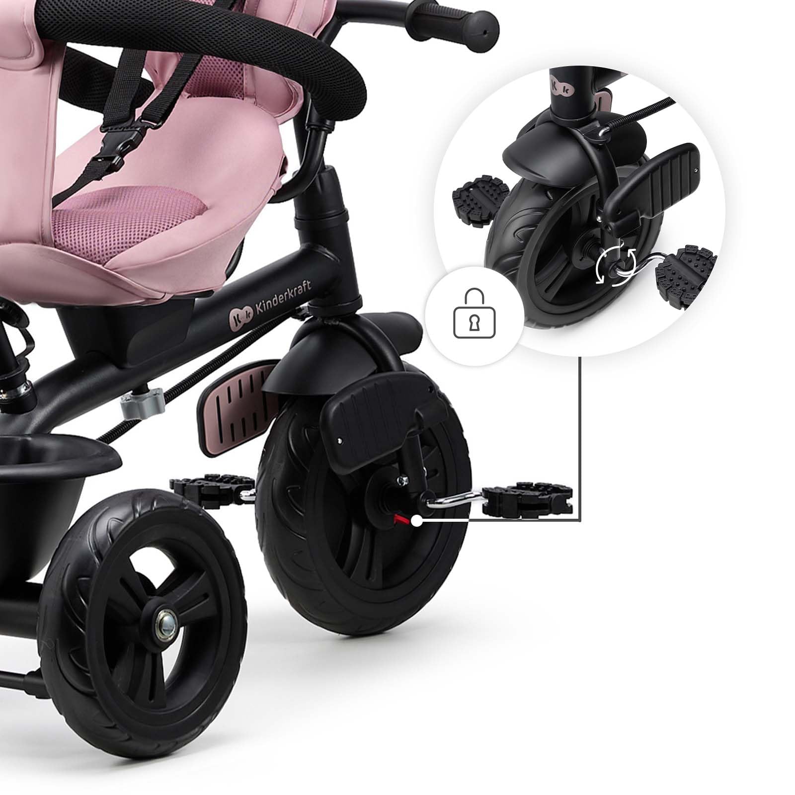 Kinderkraft FREEWAY 2, Triciclo Evolutivo per Bambini, Seduta Girevole a 360°, Pedali Liberi, Cintura a 3 Punti, Freno Centrale, 9 Mesi-5 Anni, Rosa