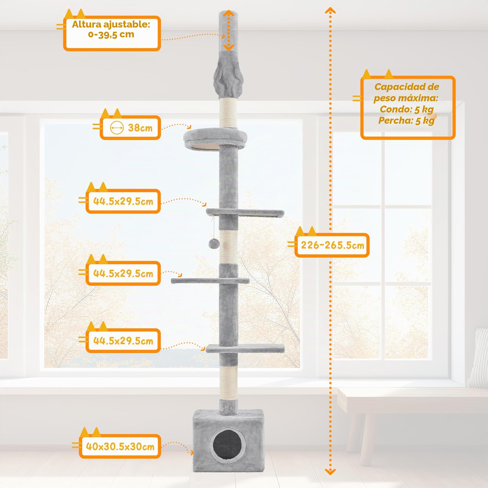 Yaheetech Torre Rascador para Gatos en Altura Ajustable 226-266cmGris Claro | 4 Plataformas,Durabilidad y estabilidad reforzada,Fácil montaje, Felpa suave, Ahorra espacio, sisal resistente,Ahorra espacio