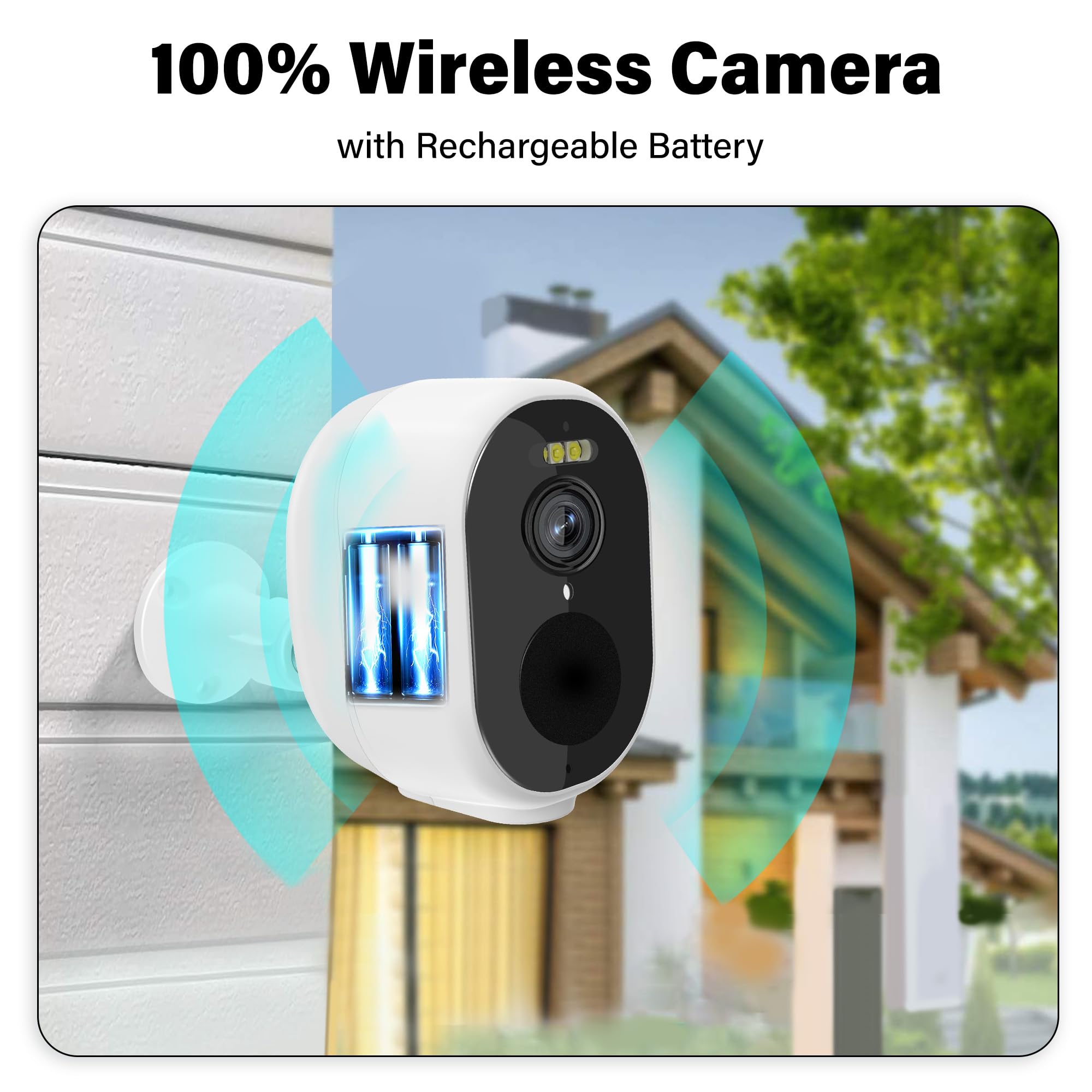 Pure Wireless Indoor /Outdoor Security Cameras, 2K QHD, Battery Powered, WiFi Camera with Spotlight & Siren Alarm, 2-Way Audio, Color Night Vision, AI Detection for Home Security, Works with Alexa