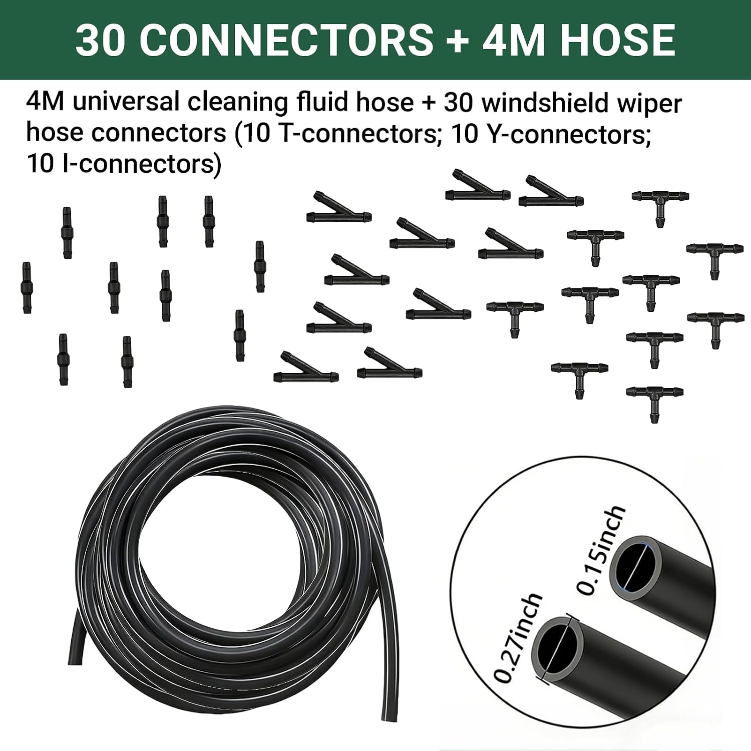 30 PCS Car Windshield Washer Hose Kit, 4M/13Ft Universal Washer Fluid Hose, T-type Y-type I-type Hose Connector, Connect Water Pump and Nozzle Mounting Kit, Car Universa Replace Accessories