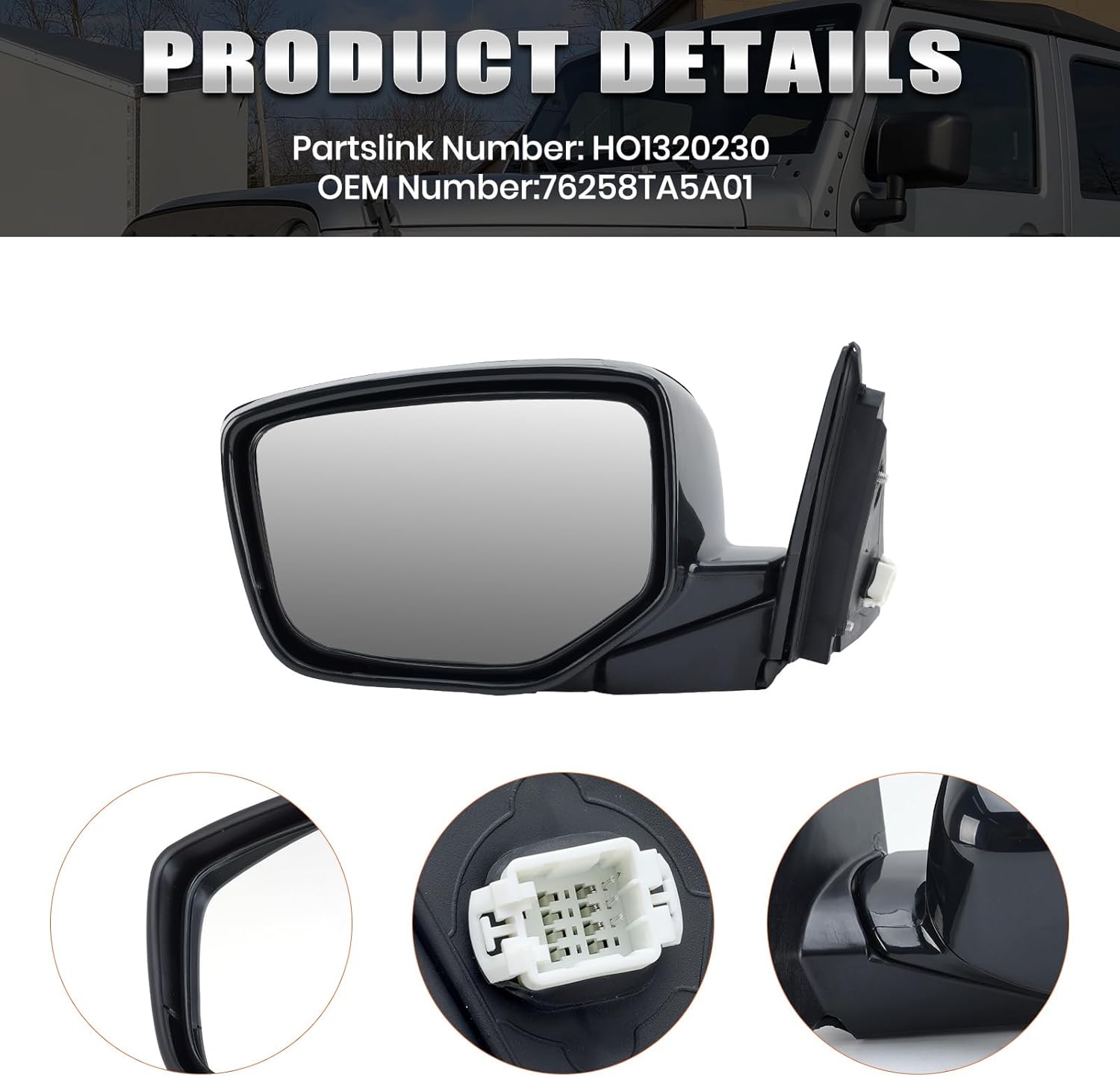 Left Driver Side Mirror Compatible with Honda Accord 2008 2009 2010 2011 2012 Power Manual Folding Non-Heated Door View Mirrors 3 Pins