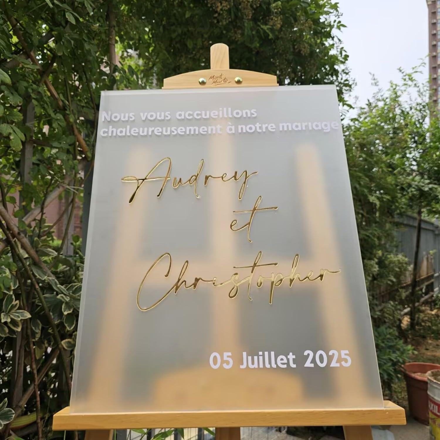Panneau De Bienvenue De Mariage Personnalisé en Acrylique Givré, Noms en Miroir Doré 3D, Décoration De Signalisation De Mariage Moderne De Fiançailles, Décoration De Réception(White,40X55CM)