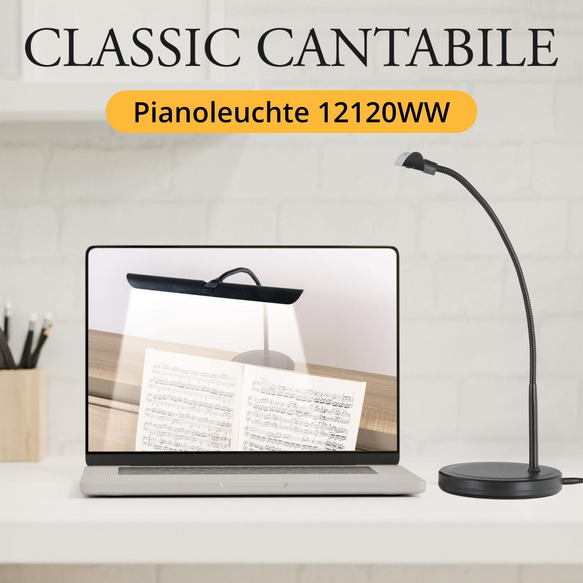 Classic Cantabile SM Pianoleuchte Easy - Dimmbare Klavierlampe mit Memory-Funktion - Tischlampe mit Schwanenhals - Warm-weißes Licht mit 18 LEDs - Notenpultleuchte mit Touch - Klavierleuchte Schwarz
