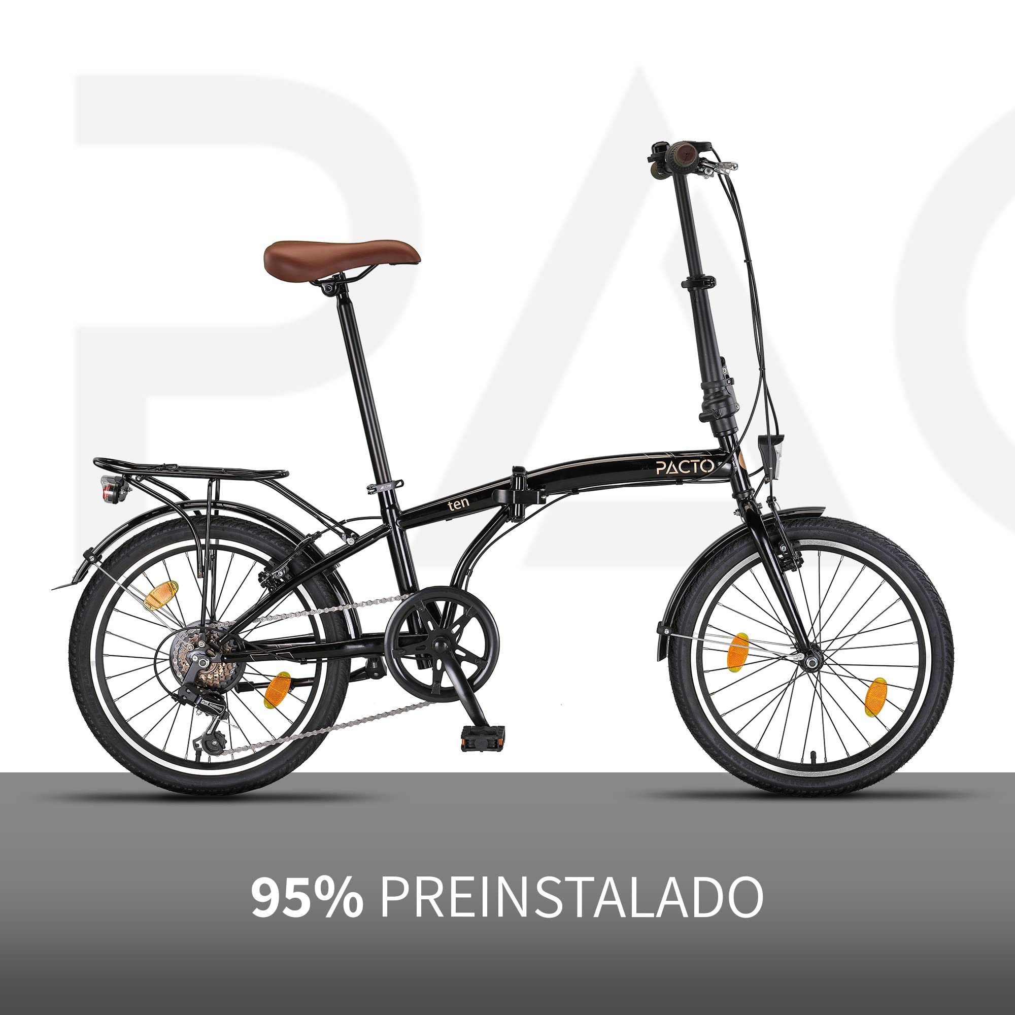 PACTO Ten Bicicleta plegable de 20 pulgadas con sistema de plegado rápido (10 segundos), marco de acero, peso ligero (16 kg), Shimano de 6 velocidades, frenos en V y llantas de aluminio de doble pared