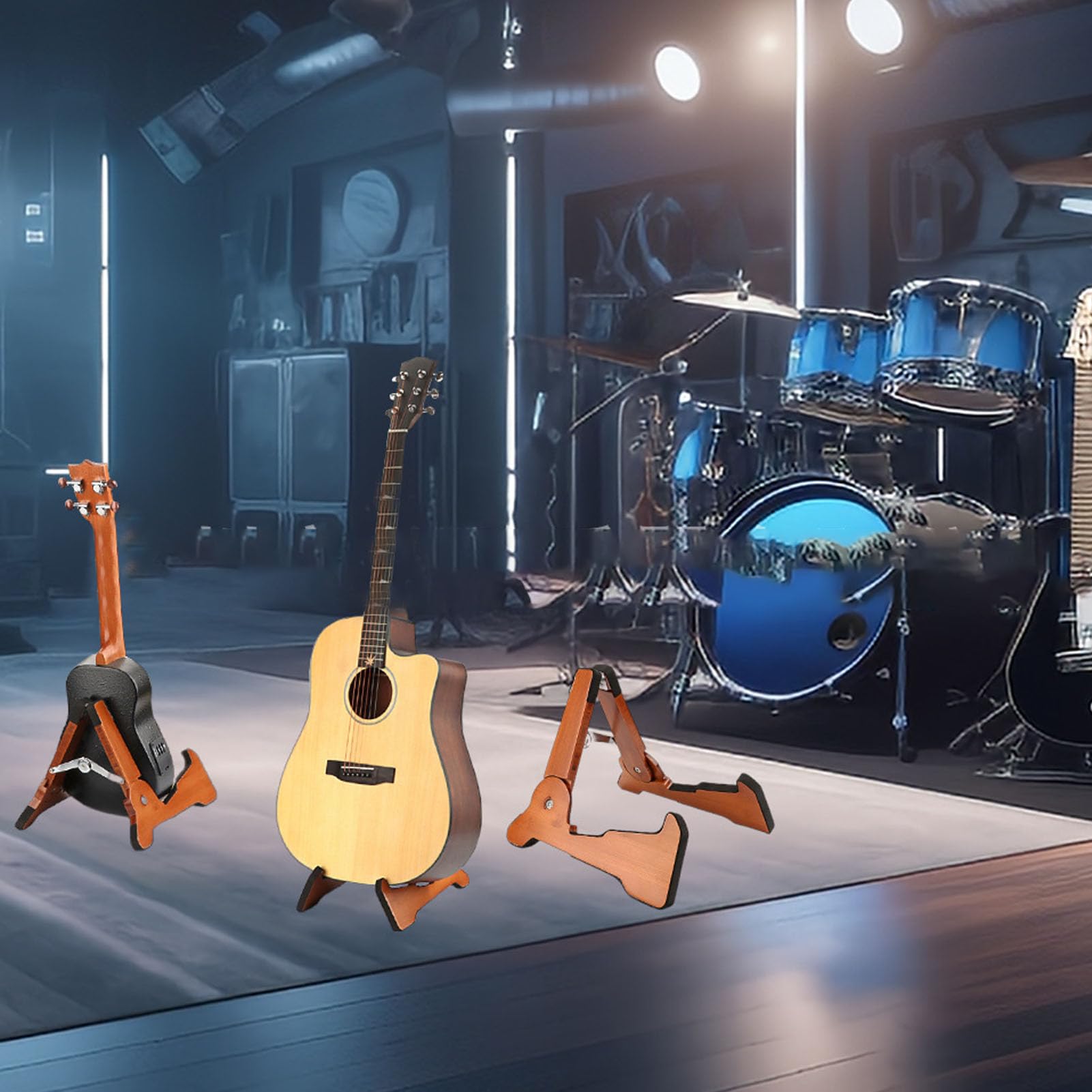 Holz-Gitarrenständer, klappbarer A-Rahmen-Holzständer für akustische klassische Gitarren, rutschfeste Gummipolsterung mit verstellbarer Breite, komplett montierter