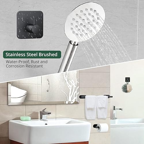 Miniatura 4 de JiGiU Toallero de 16 pulgadas, juego de accesorios de baño autoadhesivos con soporte para papel higiénico y 3 paquetes de ganchos para toallas, kit