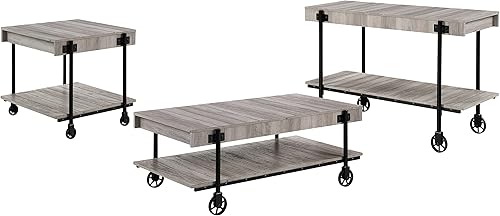 Furniture of America Cleon Industrial - Juego de mesa de sofá y mesa de sofá con ruedas para sala de estar, color negro y roble rústico (3 piezas)