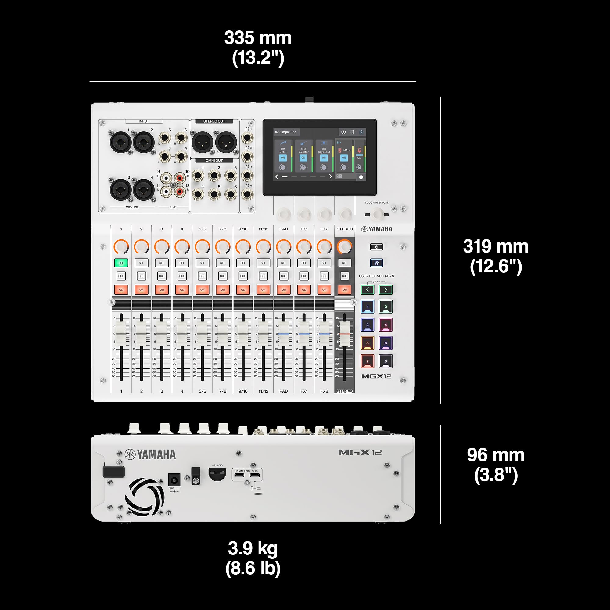 YAMAHA MGX12 Console de Mixage Numérique avec LCD Tactile, Bluetooth, Blanc | Console Compacte avec Double USB, Enregistrement Multipiste microSD et Outils Audio Intelligents