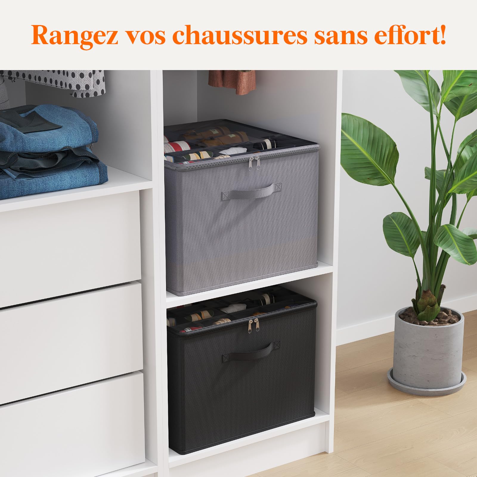 Lifewit Organisateur Chaussures pour Armoire, Boite Rangement Chaussures pour 12-16 Paires avec Couvercle Transparent, Shoe Organizer Pliable avec Séparateurs, 43 x 43 x 31 cm, Noir, Lot de 2