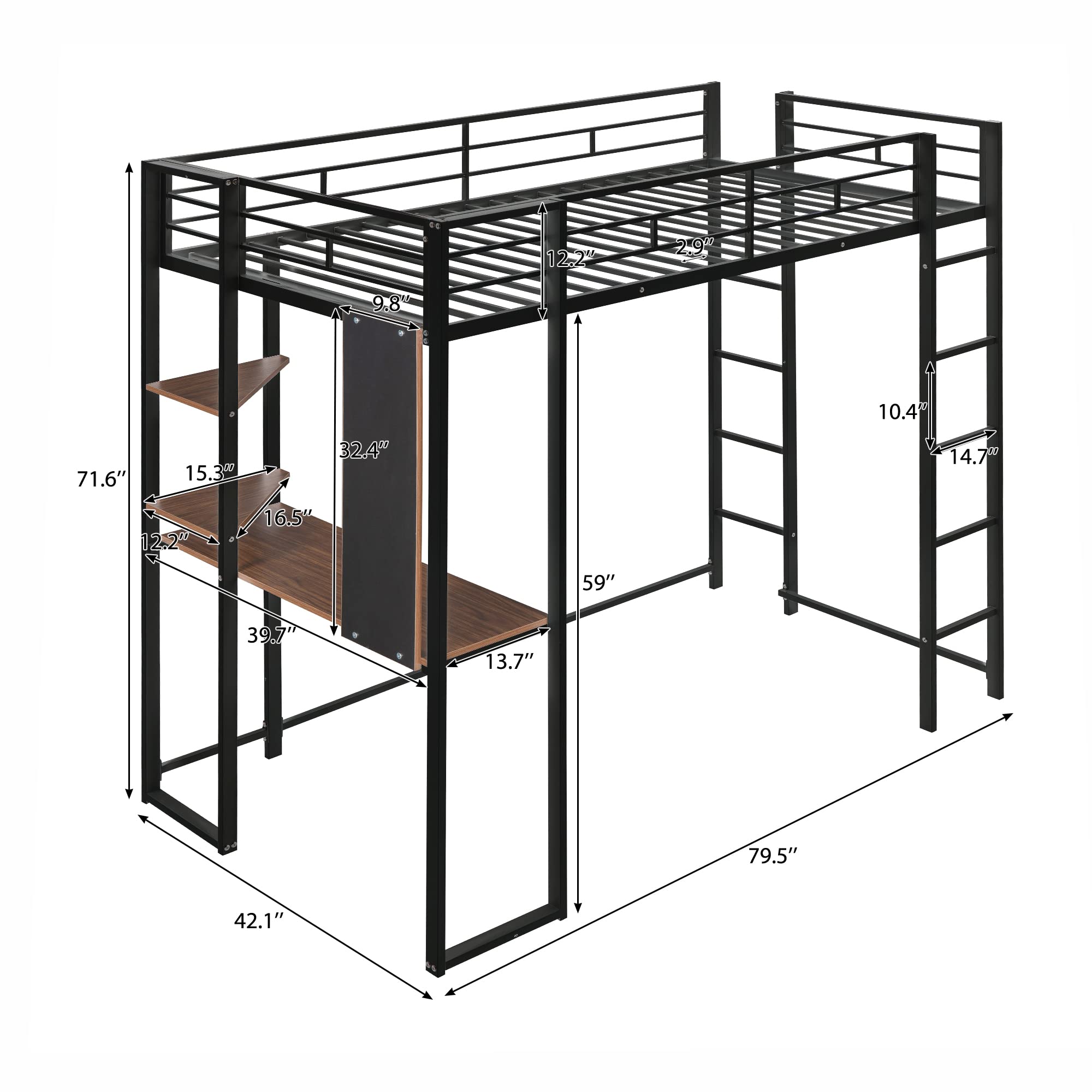 Lit Mezzanine Métal Avec Bureau En L – Cadre Robuste, Espace Rangement, Pour Enfant/Ado – Noir