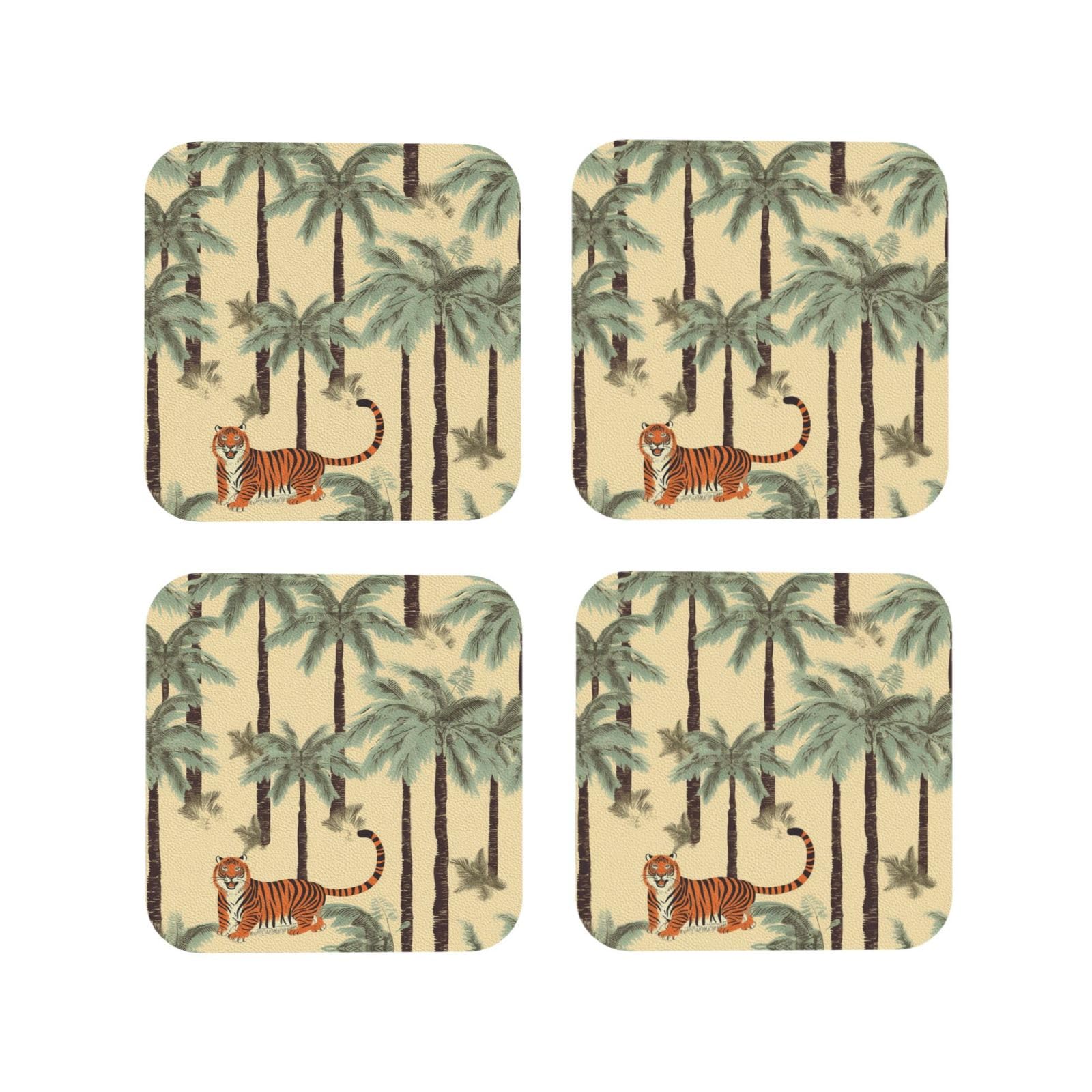 4pcs Drink Coasters for Tabletop Protection, 4" Leather Coasters for Drinks, Palm Trees and Tigers Cup Coasters for Coffee Table Decor, Non-Slip Drinking Cup Mat for Hot Or Cold Drink