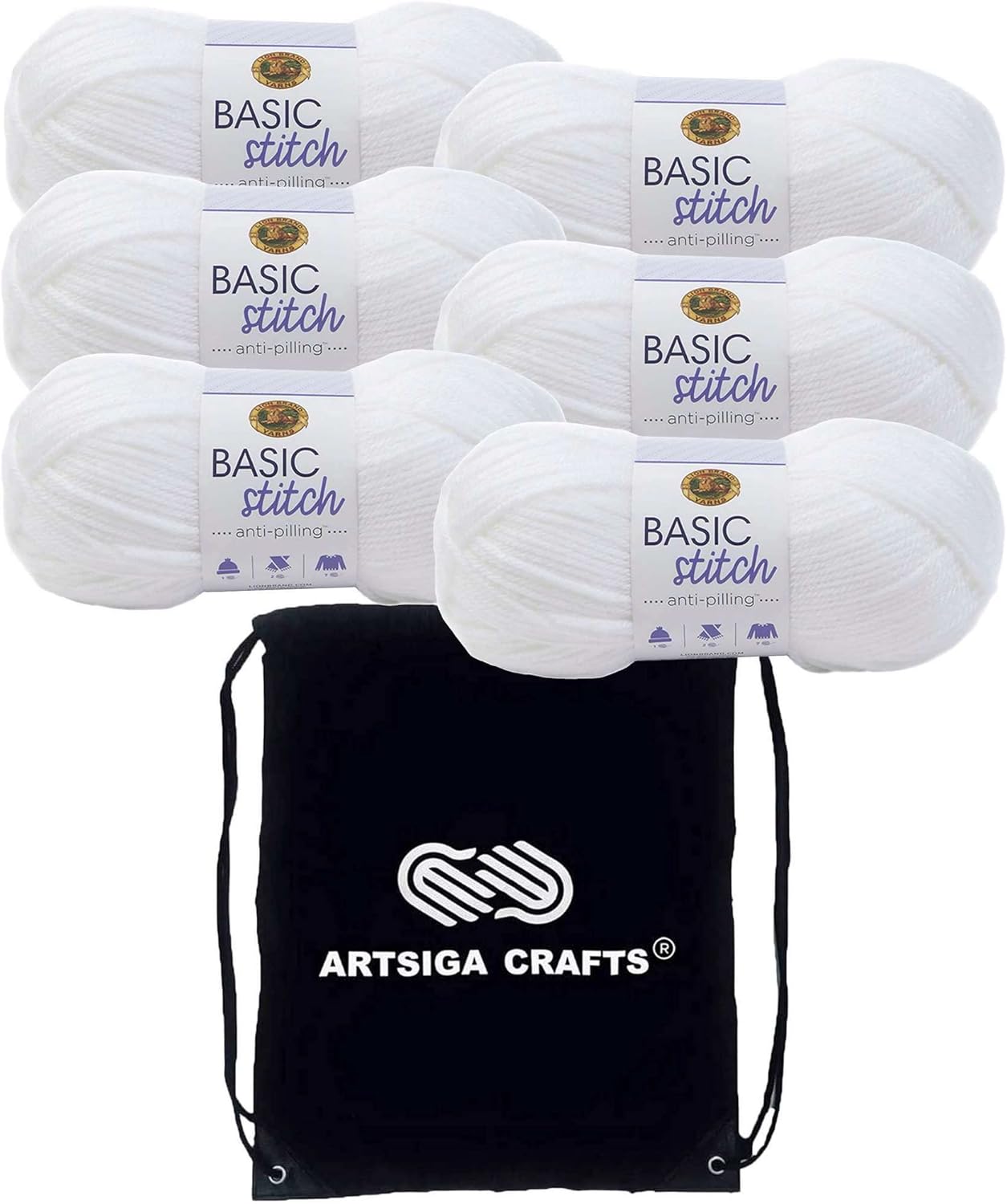 Lion Brand Basic Stitch Anti-Pilling White 202-100 (6-Skeins - Same Dye Lot) Worsted Medium #4 Acrylic Yarn for Crocheting and Knitting with Project Bag