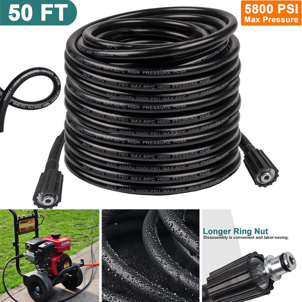 Pressure Washer Hose for Power Washer –Kink Free Pressure Washing Extension Hose 50 FT – Universal Electric Power Wash Hose for Replacement – Compatible with M22 Fittings,5800 PSI