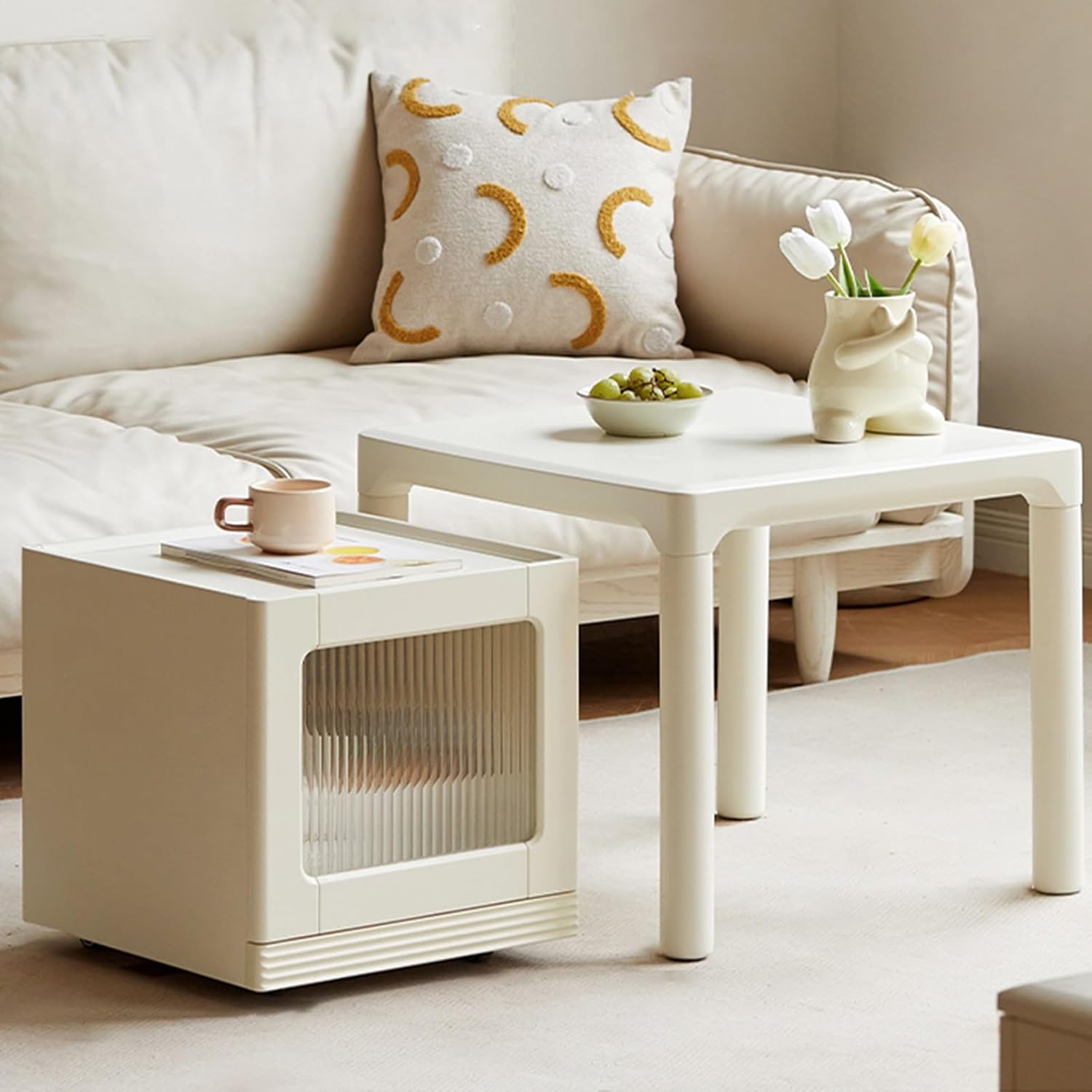 Nesting Coffee Table, Stacking Side Tables with 360° Rotation Universal Wheels, Center Table with Large Capacity Glass Storage Cabinet, for Living Room, Bedroom, Studio