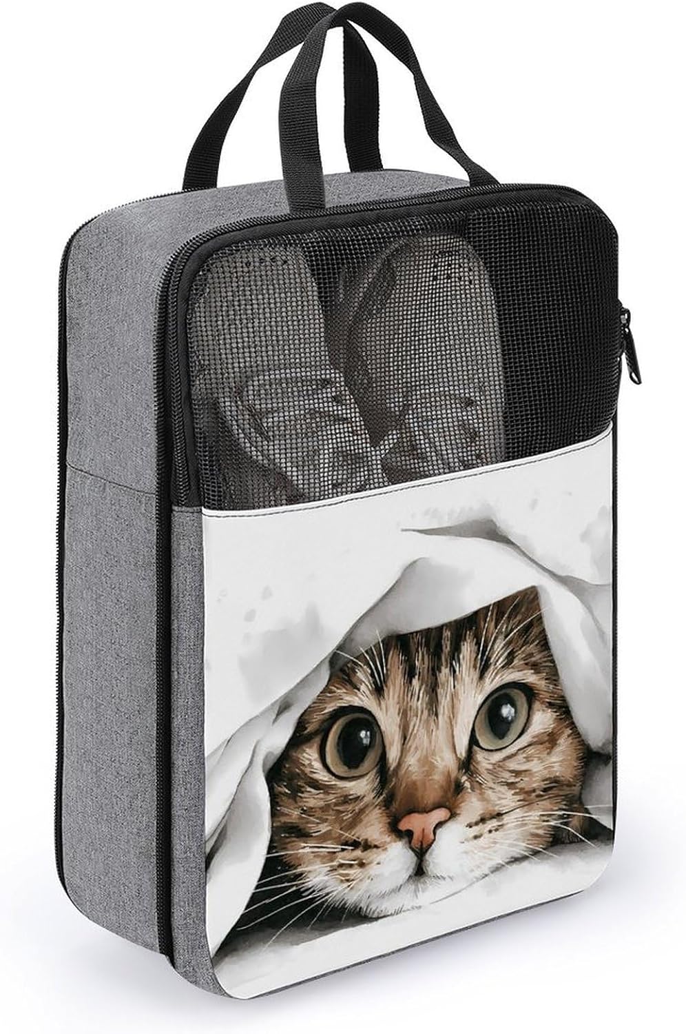 Tabby Cat Peeking Out Shoe Bag Organizer for Travel with Handle | printed,double zippered closure,for sneaker soccer cleats dance essentials