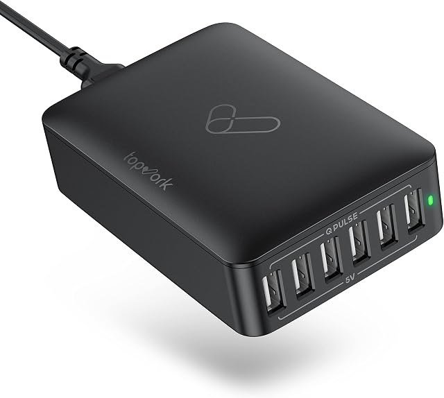 USB Charging Station, Topvork Multiport USB Charger, 60W USB Charger Station 6-port Desktop USB Charging Hub, Compact 2.5x Fast Travel Charger for iPhone 13/iPhone 12, Galaxy, Note, Pixel, iPad & More