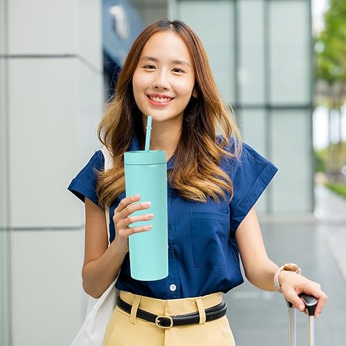 Miniatura 6 de uxcell Vaso delgado con tapas y popotes, 16 onzas, color verde mate, vaso de acrílico pastel reutilizable, vaso de plástico de doble pared para