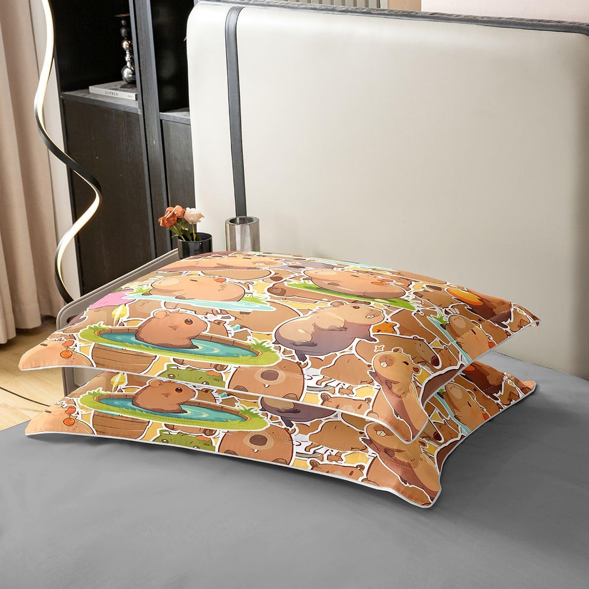 Capybara Duvet Cover Set 100% Cotton Full Size Kids Gifts for Capybara Lovers Comforter Cover Set for Boys Teens Capybara Animals Lovers Bedding Set Orange Pattern Brown Bedspread Cover Quilt Cover