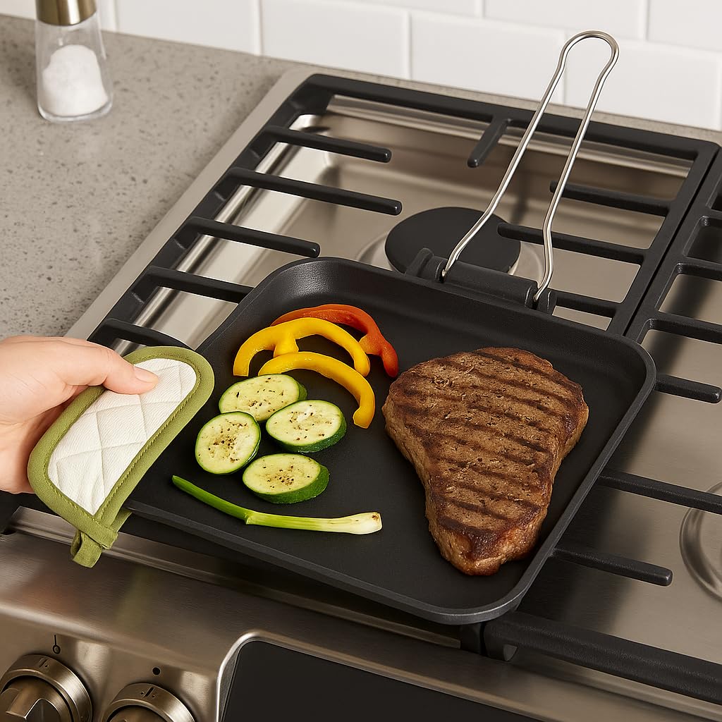Bistecchiera Liscia in Ghisa con Manico Pieghevole + Presina Termica in Cotone – Piastra Rettangolare Antiaderente per Carne, Verdure e Griglia – Adatta a Gas, Forno e BBQ 24X24CM Ilsa