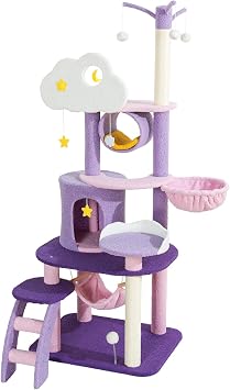 Lucky Monet Cute Cat Tower 65 Inches, Unique Cat Tree Large Tall for Indoor Cats, Purple Pink Cloud Big Cat Tree Cat Castle Mansion Condo for Large Cats Activity Trees with Scratching Post Hammock