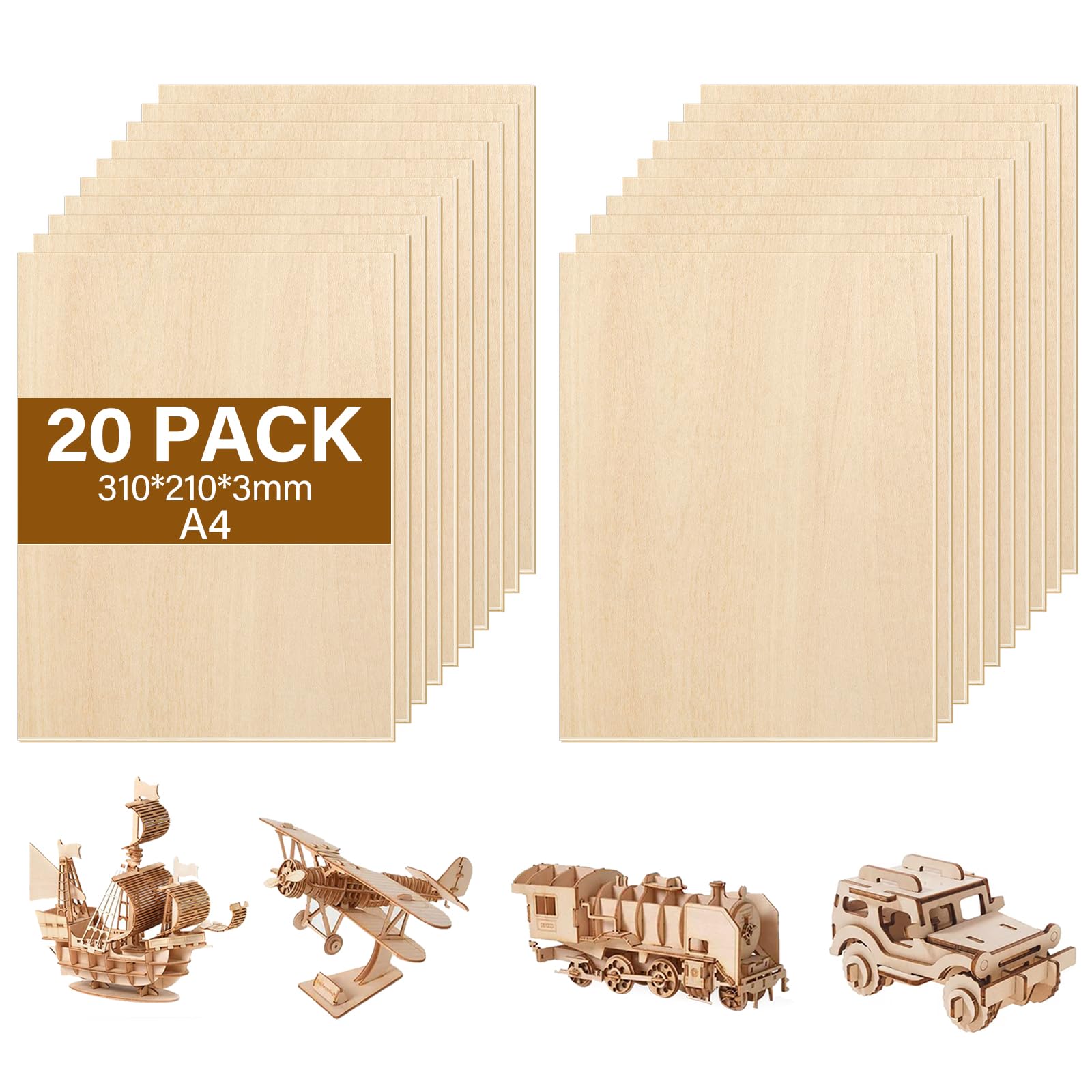Zikenis 20 Pièces A4 contreplaqué 3mm tilleul,300 x 210 x 3.5 mm contreplaqué multicouche,3mm basswood plywood,Panneau Feuille Découpe Laser,pour l'artisanat, la découpe du bois, le modélisme