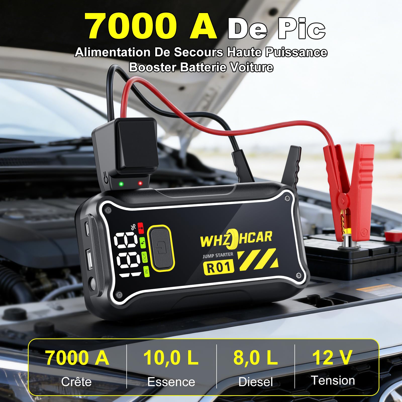 Booster Batterie Voiture 7000A Démarreur de Voiture 12V Démarreur de Batterie (Jusqu’à 10L Essence & 8L Diesel) Portable Jump Starter Moto Camion avec LED de Secours, Pinces de Sûreté Intelligentes