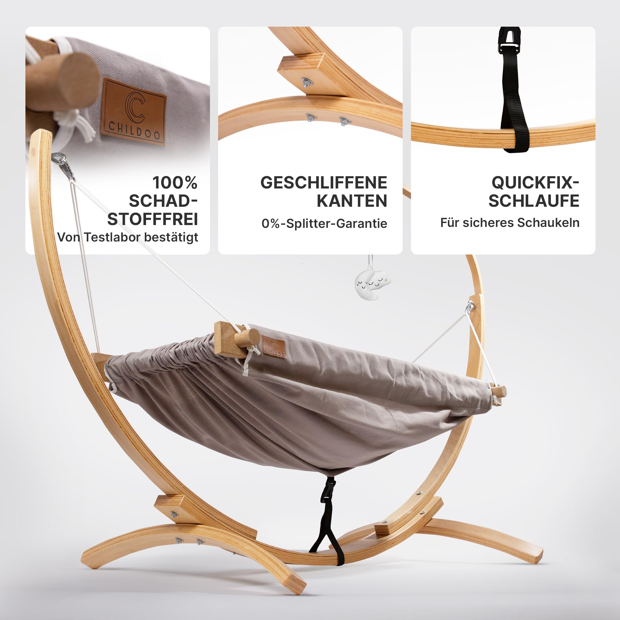Baby Hängematte [QuickFix-Schlaufe] Babywiege Babybett Federwiege mit Gestell Kinderschaukel Babywippe für Kinderzimmer, Esszimmer, Wohnzimmer | Grau
