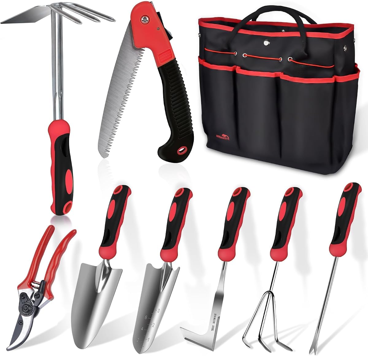 9 Piece Gardening Tools Heavy Duty Garden Tool Set with Handbag Red | Non-Slip Ergonomic Durable Rust-Resistant Steel Gardening Supplies Equipment Lawn Yard Planting tool Gardening Gift for Women