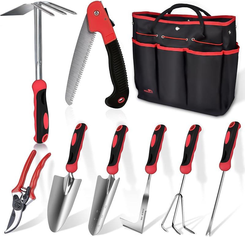 Herramientas de jardinería de 9 piezas Juego de herramientas de jardín resistentes con bolso Rojo | Equipo de suministros de jardinería de acero resistente al óxido, ergonómico, antideslizante, herramienta de plantación de césped, regalo de jardinería para mujeres