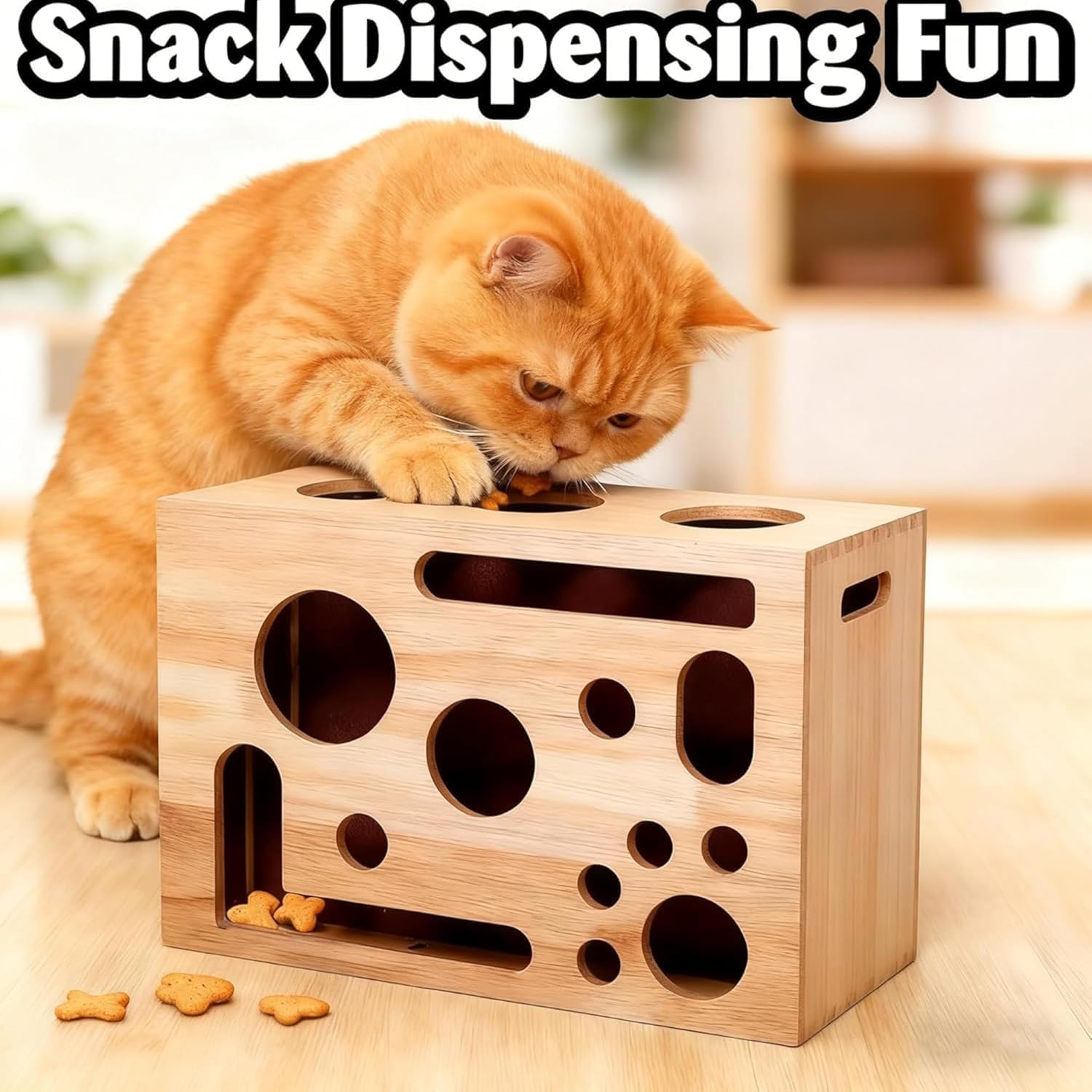 Wooden Cat Nail File Enrichment Box with Sandpaper & Bell Ball, Stress-Free Alternative to Nail Clippers, Interactive Maze Toy for Indoor Cats, Reduces Boredom & Furniture Damage,Brown