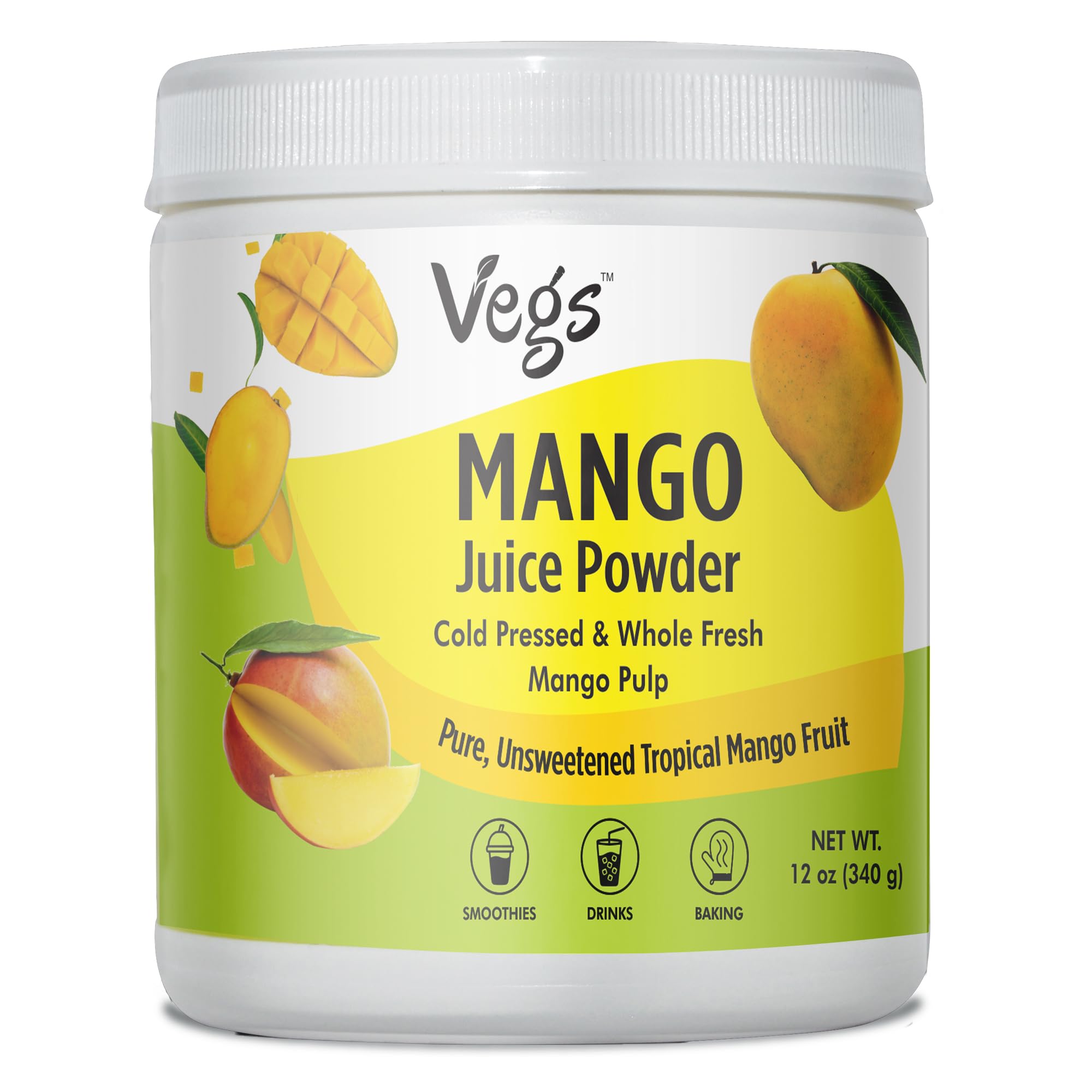 Vegs Mango Juice Powder - Freeze Dried Organic Mango Juice Instant Drink Mix Powder, Baking, Dessert Flavoring - Real Fruit Hydration with Electrolytes & Antioxidants, Sugar Free - 12 oz