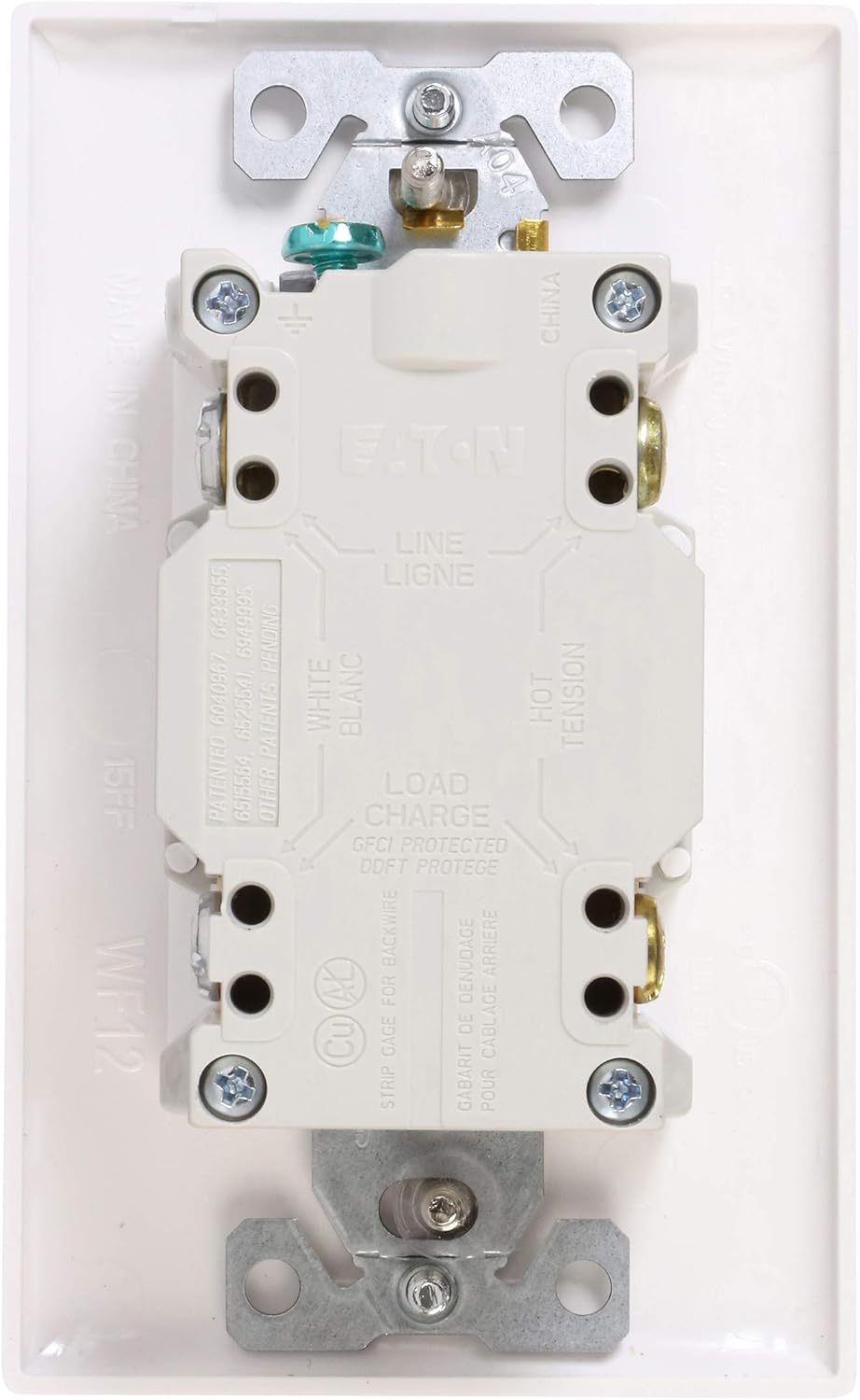 Артка view of the Eaton GFCI Blank Face Receptacle showing wiring terminals