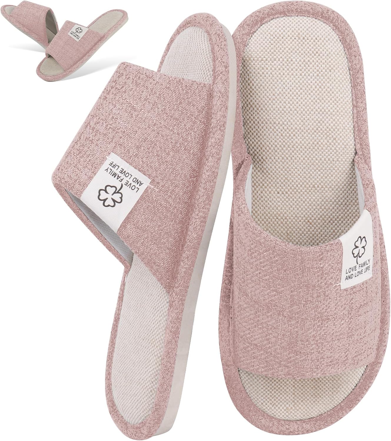 CHGANG House Slippers for Women,Warm Cozy Soft Lightweight Slip-On Open Toe Linen Cotton Slippers with Memory Foam and Indoor Outdoor Soles