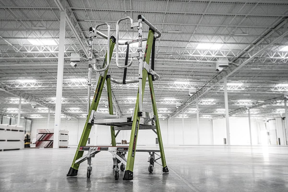 Little Giant Safety Cage 2.0 M2 2ft Platform Ladder deployed in a large warehouse space